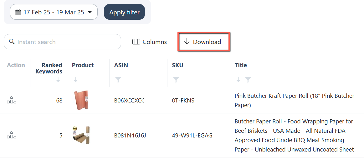 Export ranking data on ASIN level