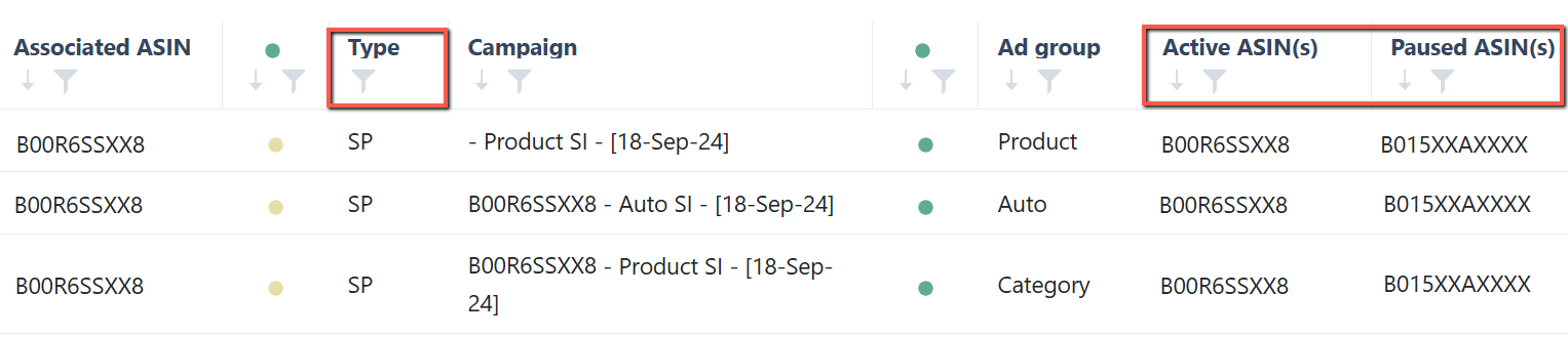 Link Ads with ASINs: add columns to show active and paused ASINs